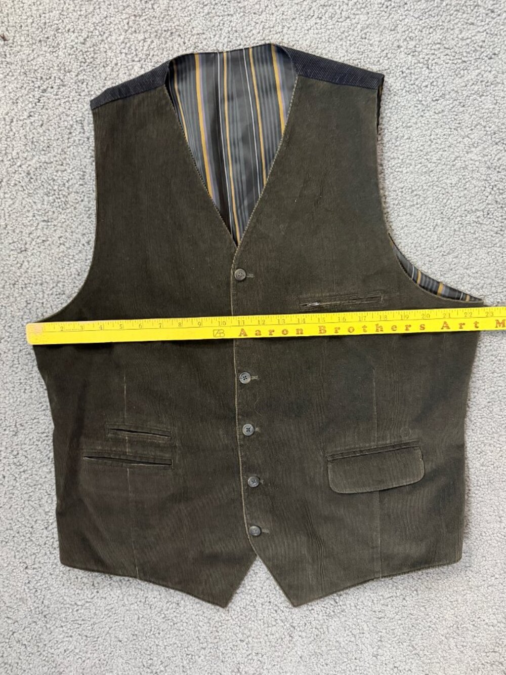 Kroon Olive Green Corduroy Waistcoat Vest Stripe Satin Lining Men's Size - Picture 11 of 16